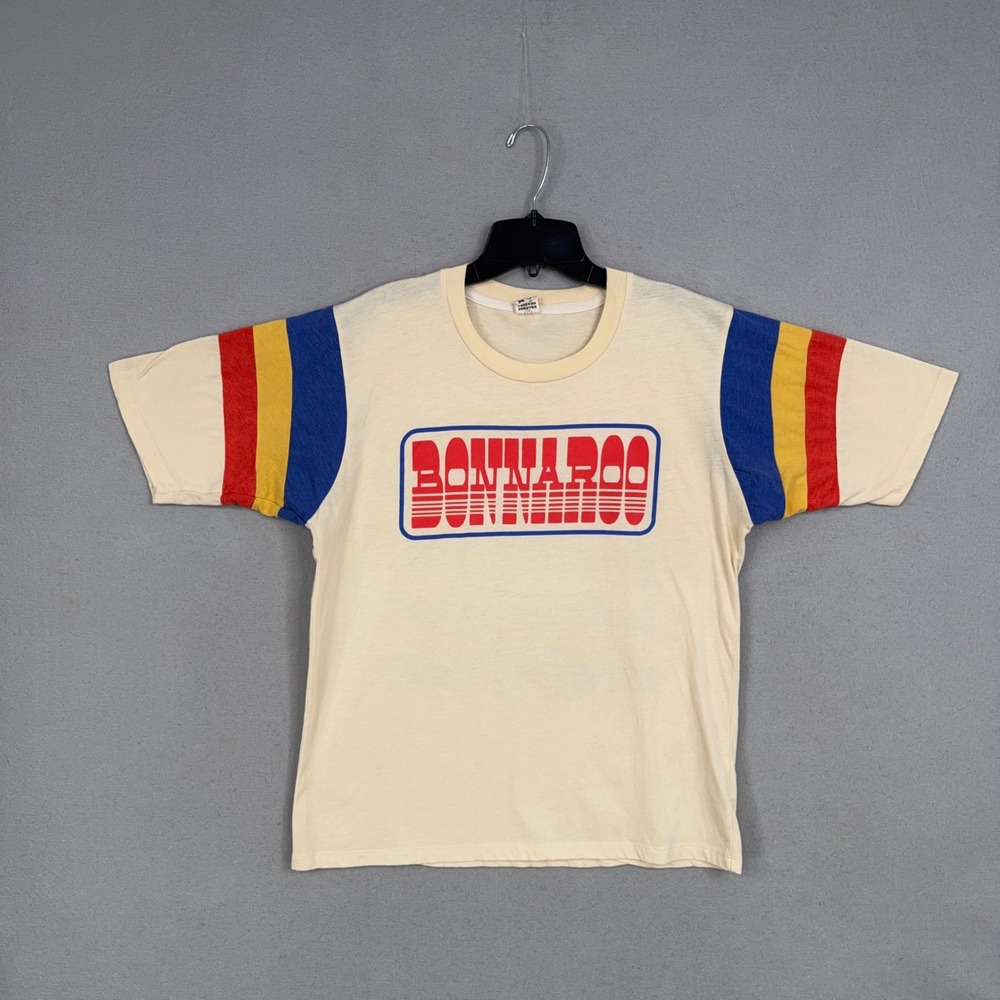 Bonnaroo Shirt Womens Medium Cream Striped 2024 Festival Ringer Lineup Camp